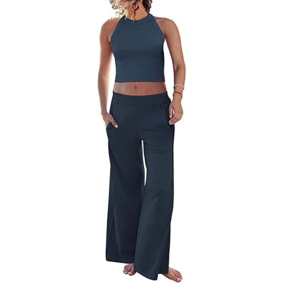 NWT Navy Blue 2-Pce Tracksuit Outfit Crop Top Sweatpants Women's Large Wide Leg - Picture 1 of 13
